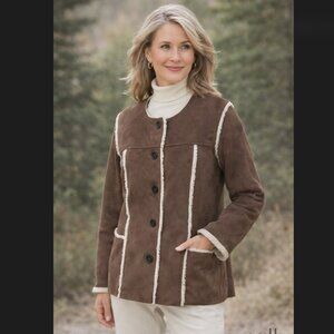 J. Jill Faux Suede Jacket M Petite Brown Shearling Trim Button Coat Boho READ
